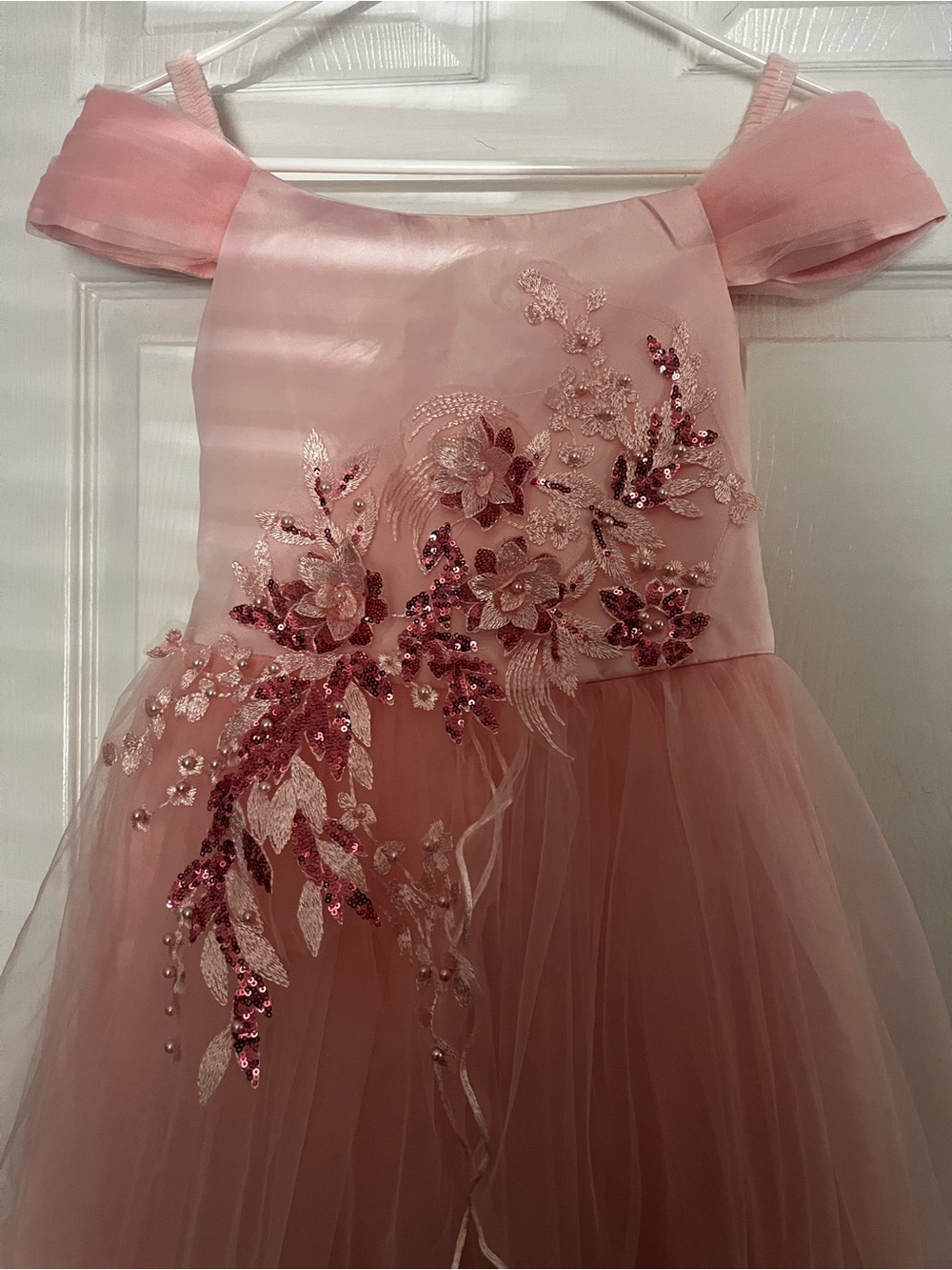 Pink Floral Embellished Girls' Tulle Party Dress - Picture 3 of 4